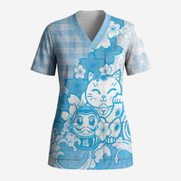 Blue Palaka Hawaiian And Japanese Scrub Top Maneki Neko And Sakura Bloom