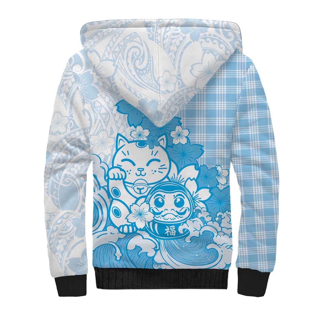 Blue Palaka Hawaiian And Japanese Sherpa Hoodie Maneki Neko And Sakura Bloom