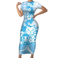 Blue Palaka Hawaiian And Japanese Short Sleeve Bodycon Dress Maneki Neko And Sakura Bloom