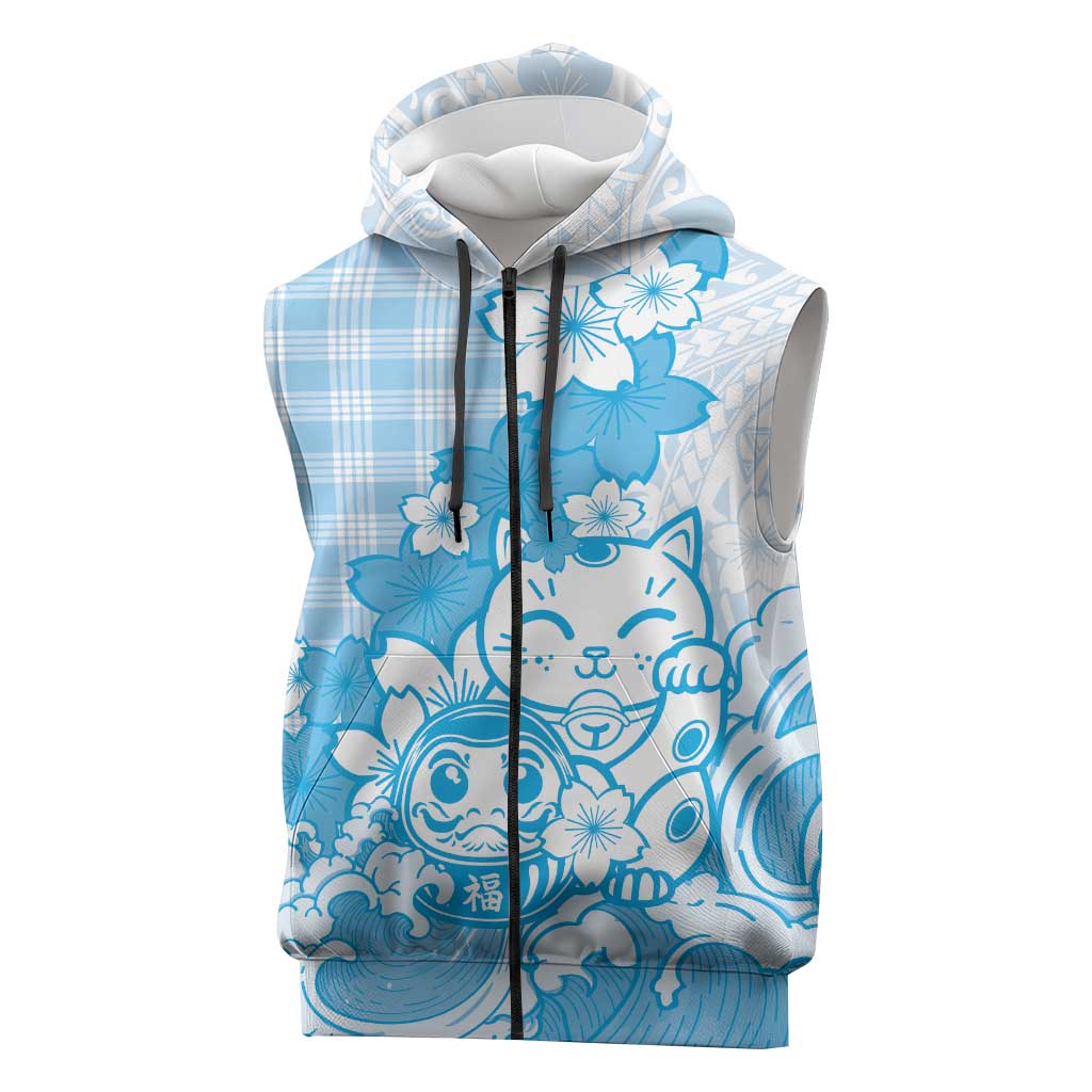 Blue Palaka Hawaiian And Japanese Sleeveless Zip Hoodie Maneki Neko And Sakura Bloom
