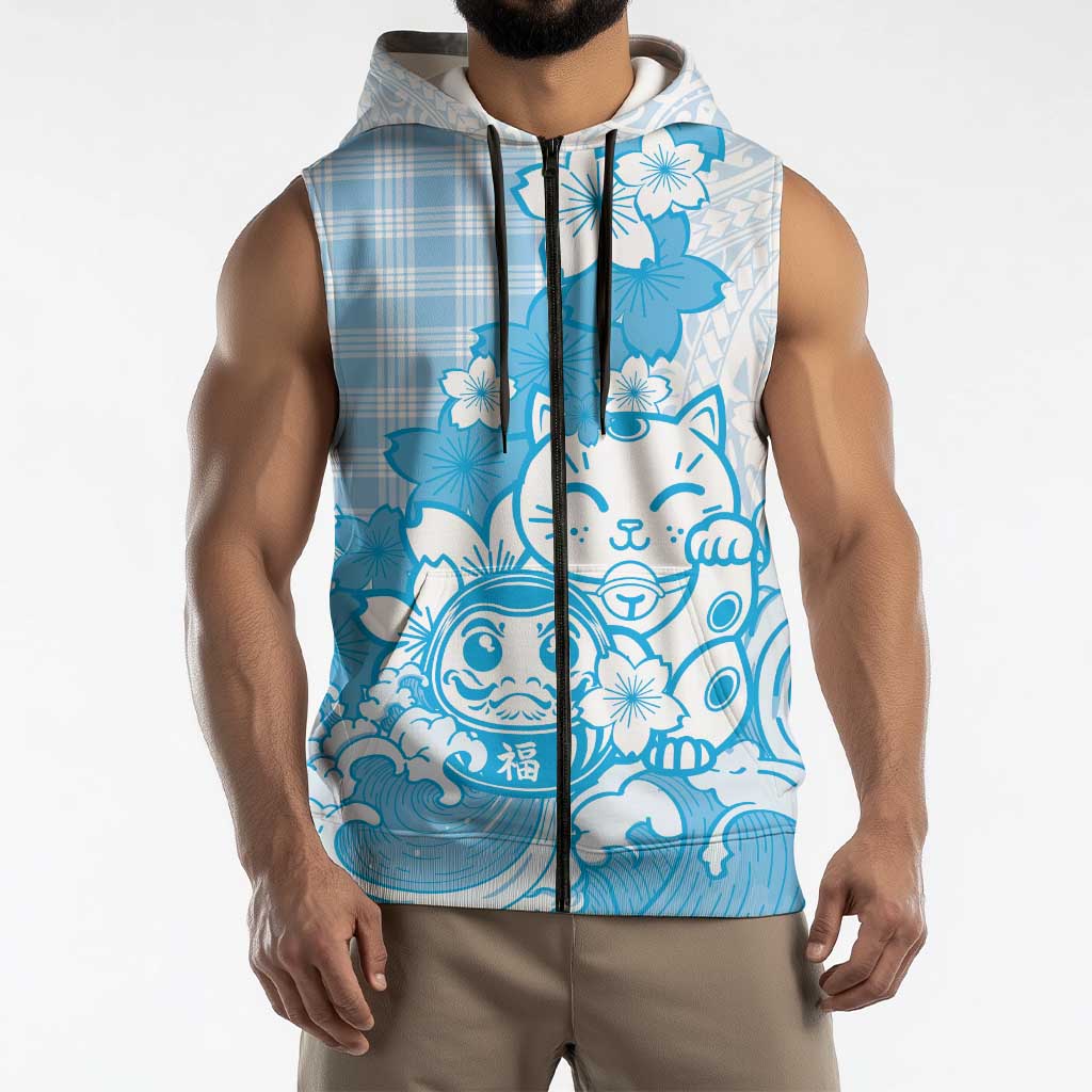 Blue Palaka Hawaiian And Japanese Sleeveless Zip Hoodie Maneki Neko And Sakura Bloom