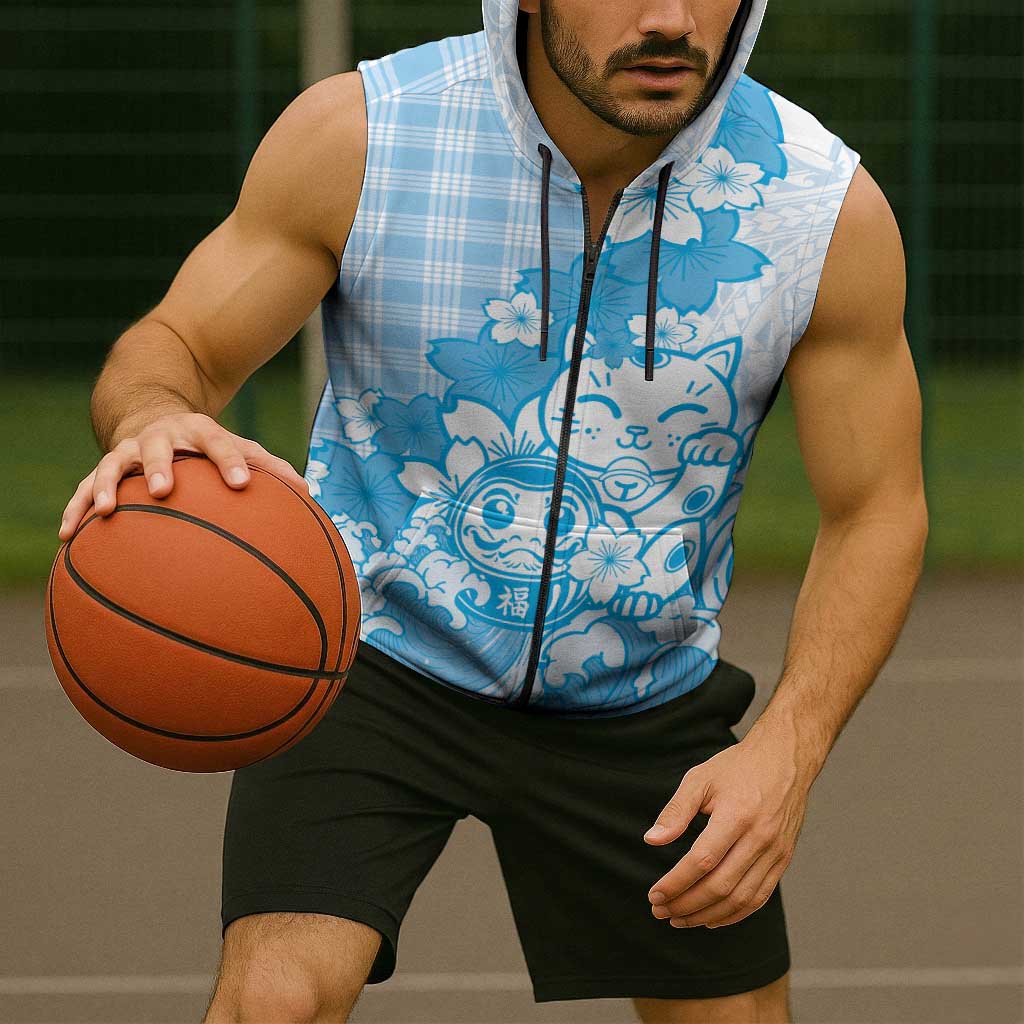 Blue Palaka Hawaiian And Japanese Sleeveless Zip Hoodie Maneki Neko And Sakura Bloom