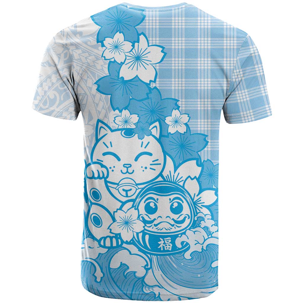 Blue Palaka Hawaiian And Japanese T Shirt Maneki Neko And Sakura Bloom