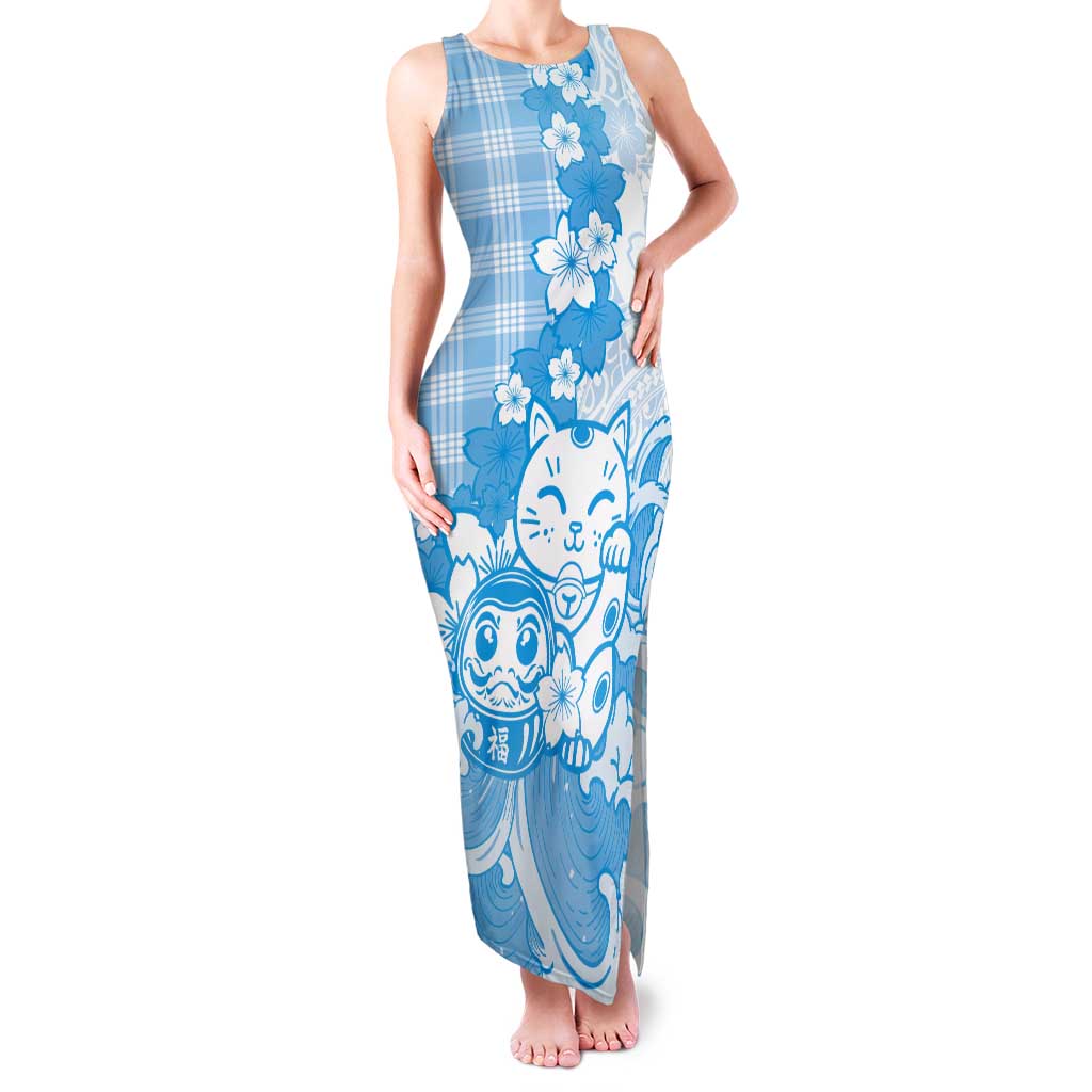 Blue Palaka Hawaiian And Japanese Tank Maxi Dress Maneki Neko And Sakura Bloom