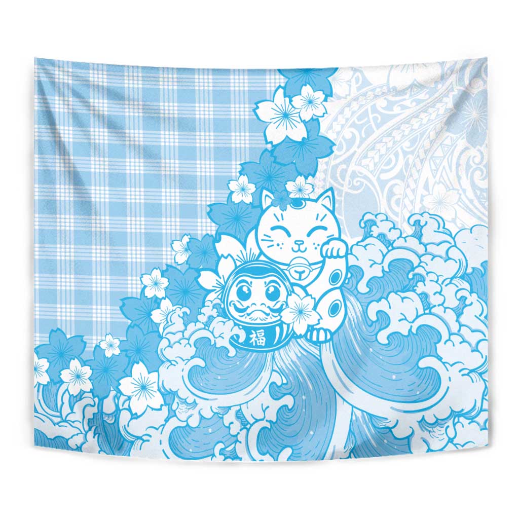 Blue Palaka Hawaiian And Japanese Tapestry Maneki Neko And Sakura Bloom
