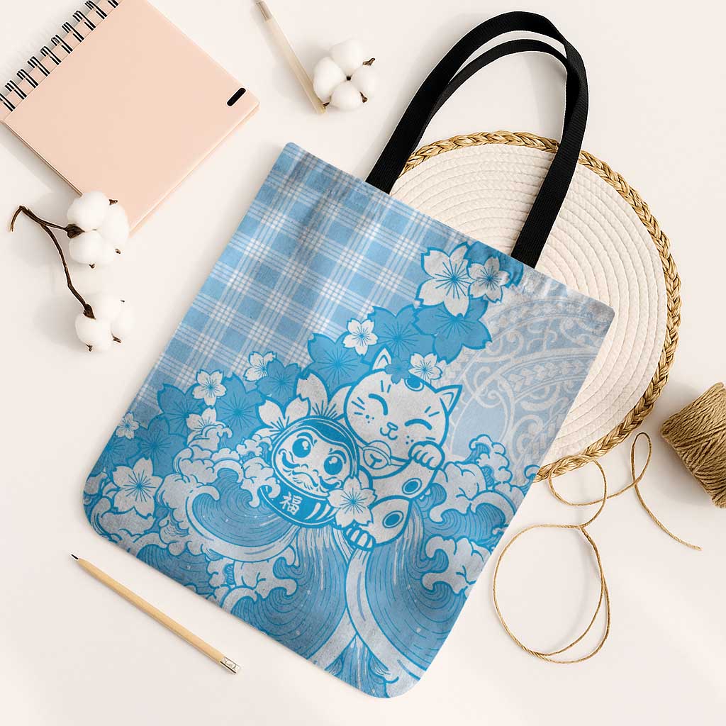 Blue Palaka Hawaiian And Japanese Tote Bag Maneki Neko And Sakura Bloom
