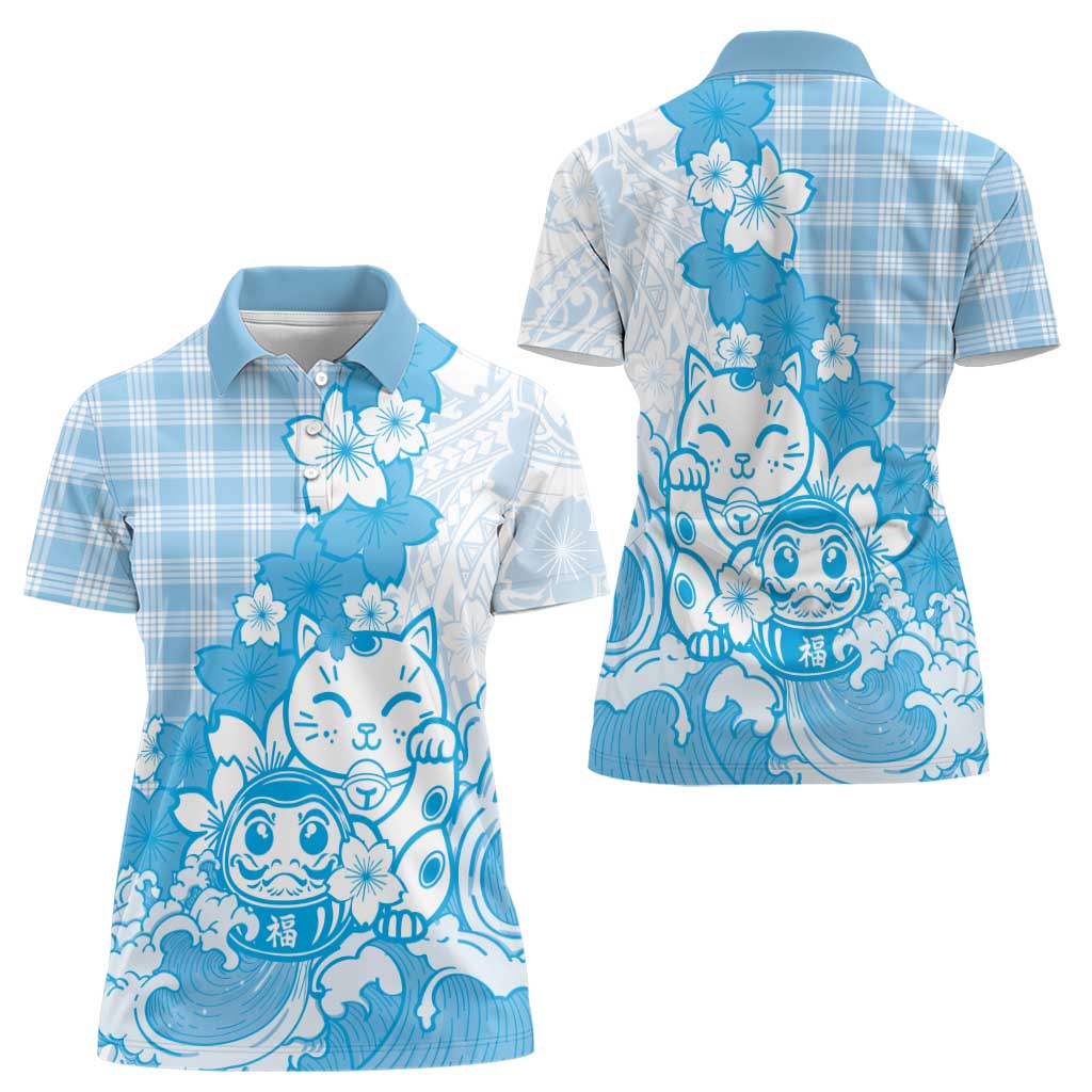 Blue Palaka Hawaiian And Japanese Women Polo Shirt Maneki Neko And Sakura Bloom
