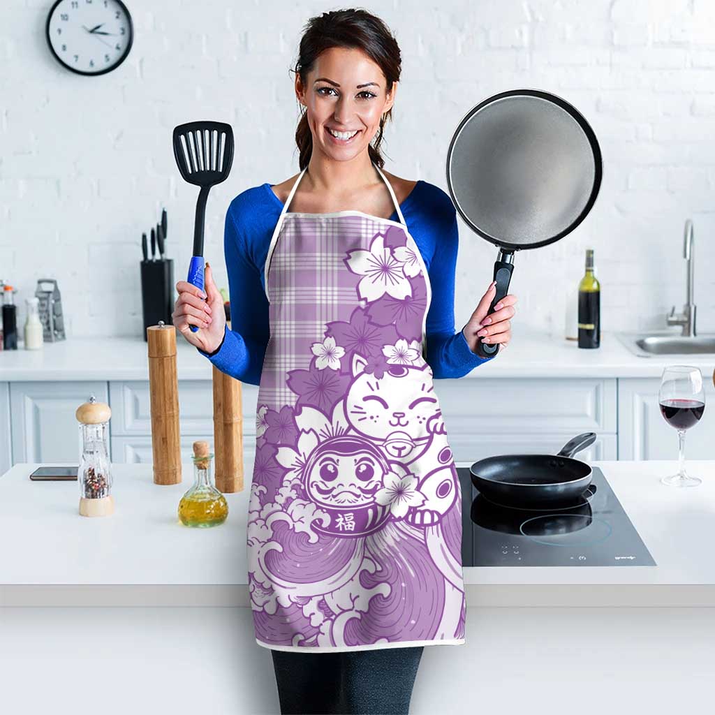 Purple Palaka Hawaiian And Japanese Apron Maneki Neko And Sakura Bloom