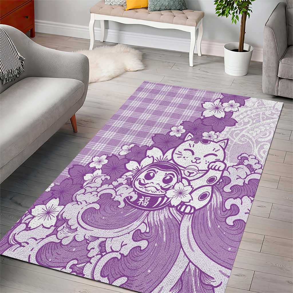 Purple Palaka Hawaiian And Japanese Area Rug Maneki Neko And Sakura Bloom
