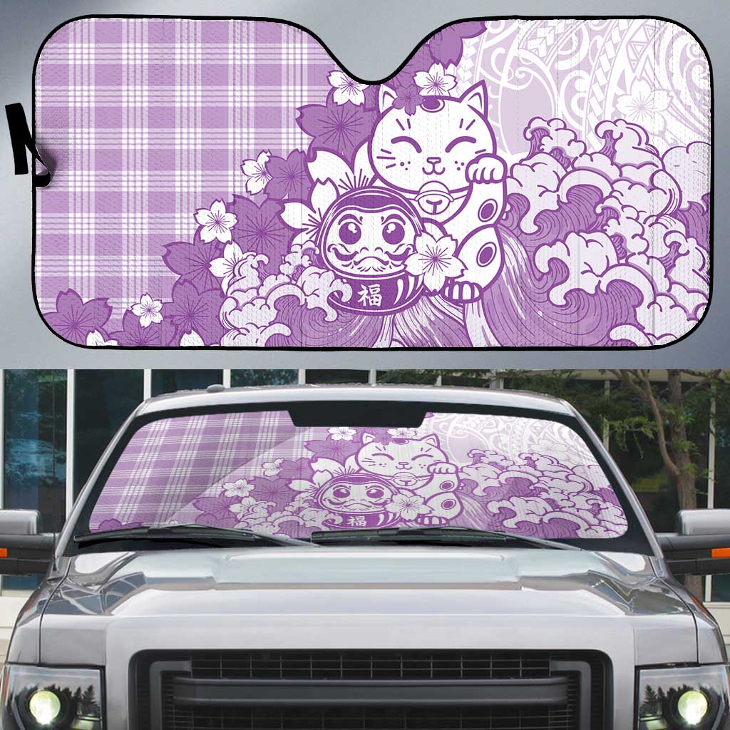 Purple Palaka Hawaiian And Japanese Auto Sun Shade Maneki Neko And Sakura Bloom