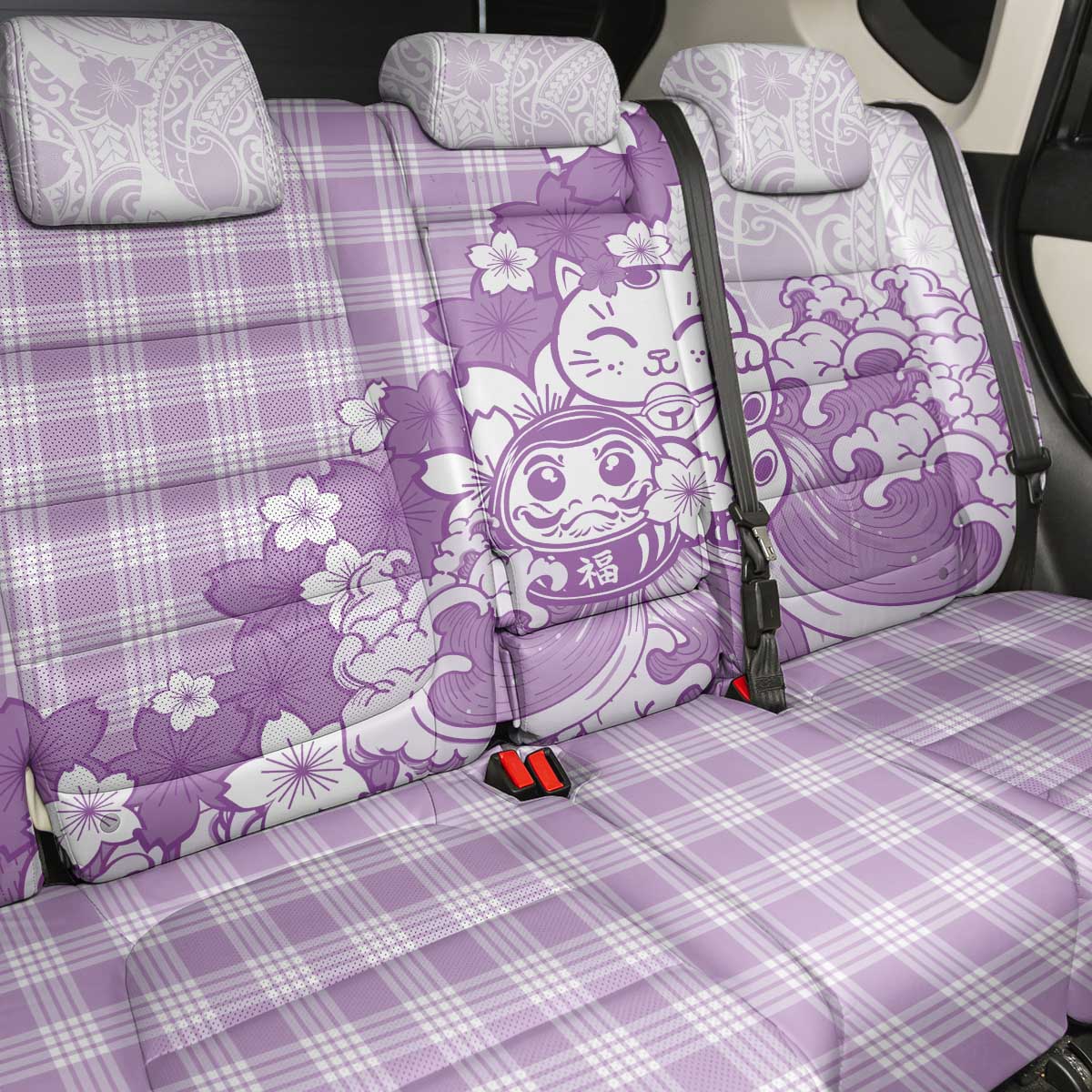 Purple Palaka Hawaiian And Japanese Back Car Seat Cover Maneki Neko And Sakura Bloom
