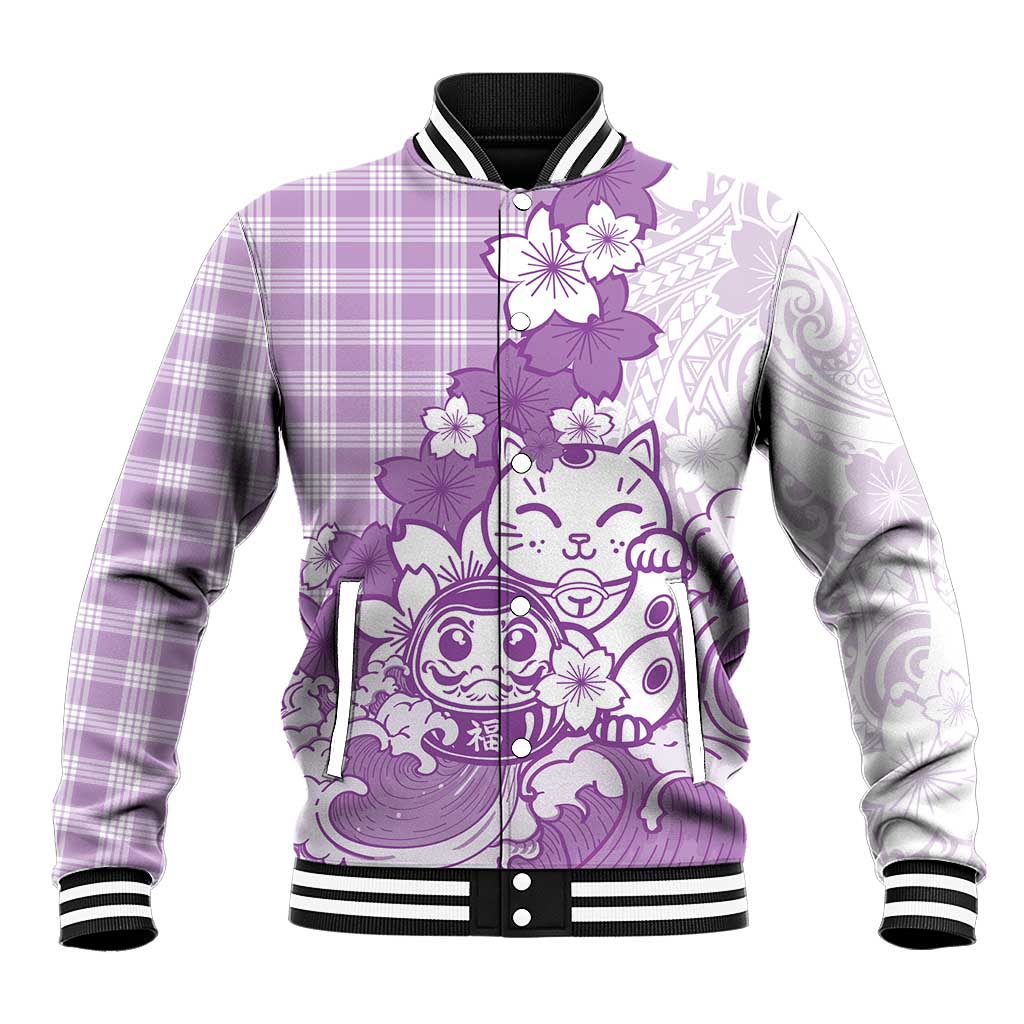 Purple Palaka Hawaiian And Japanese Baseball Jacket Maneki Neko And Sakura Bloom