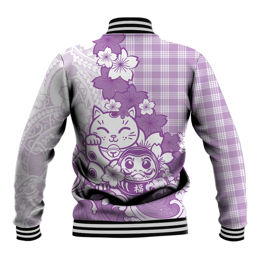 Purple Palaka Hawaiian And Japanese Baseball Jacket Maneki Neko And Sakura Bloom