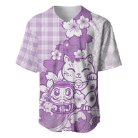 Purple Palaka Hawaiian And Japanese Baseball Jersey Maneki Neko And Sakura Bloom