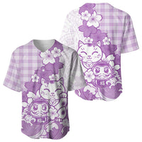 Purple Palaka Hawaiian And Japanese Baseball Jersey Maneki Neko And Sakura Bloom