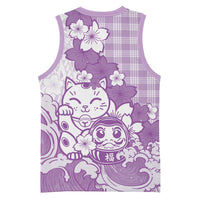 Purple Palaka Hawaiian And Japanese Basketball Jersey Maneki Neko And Sakura Bloom