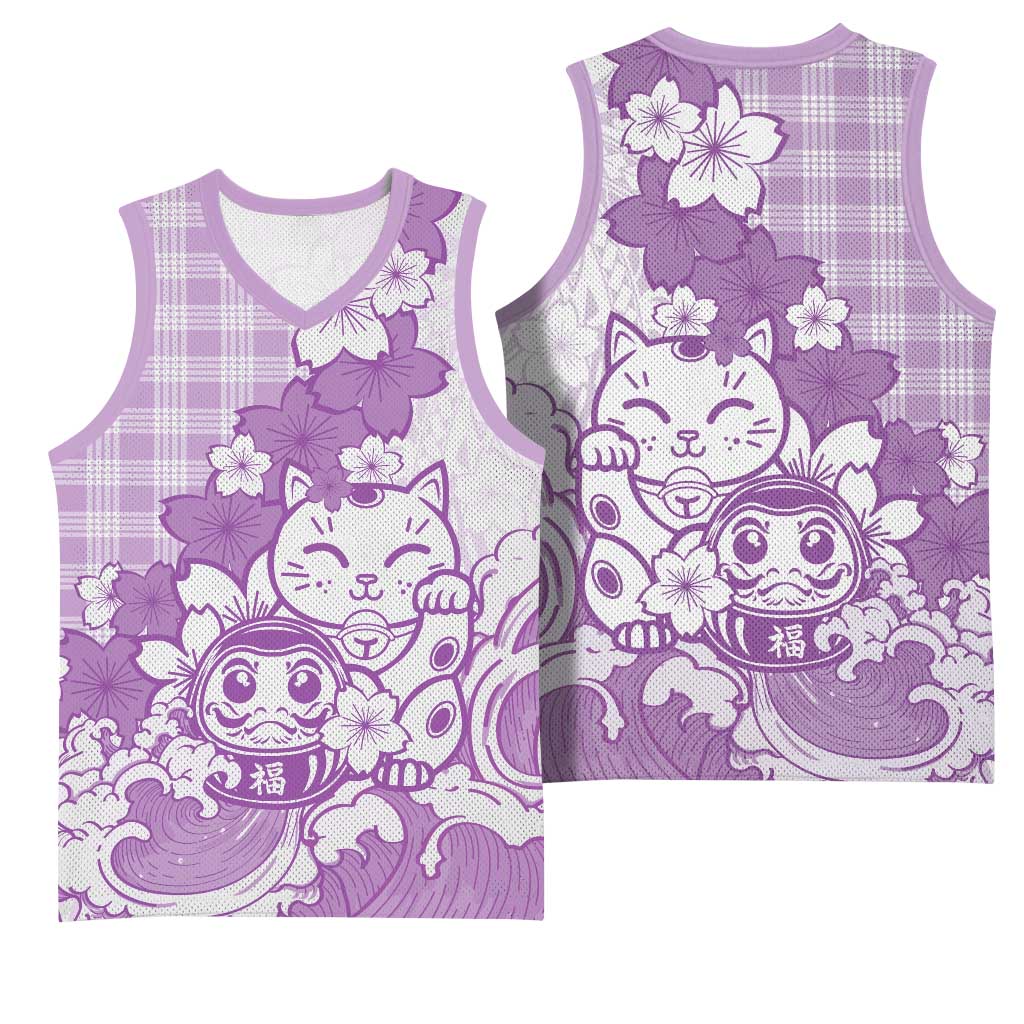Purple Palaka Hawaiian And Japanese Basketball Jersey Maneki Neko And Sakura Bloom
