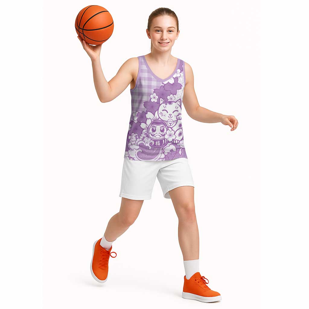 Purple Palaka Hawaiian And Japanese Basketball Jersey Maneki Neko And Sakura Bloom