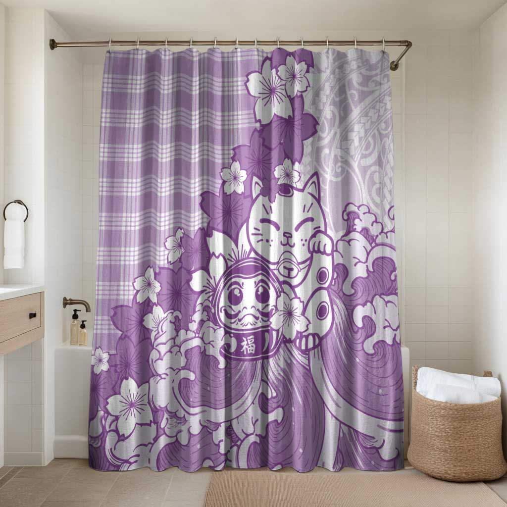 Purple Palaka Hawaiian And Japanese Bathroom Set Maneki Neko And Sakura Bloom