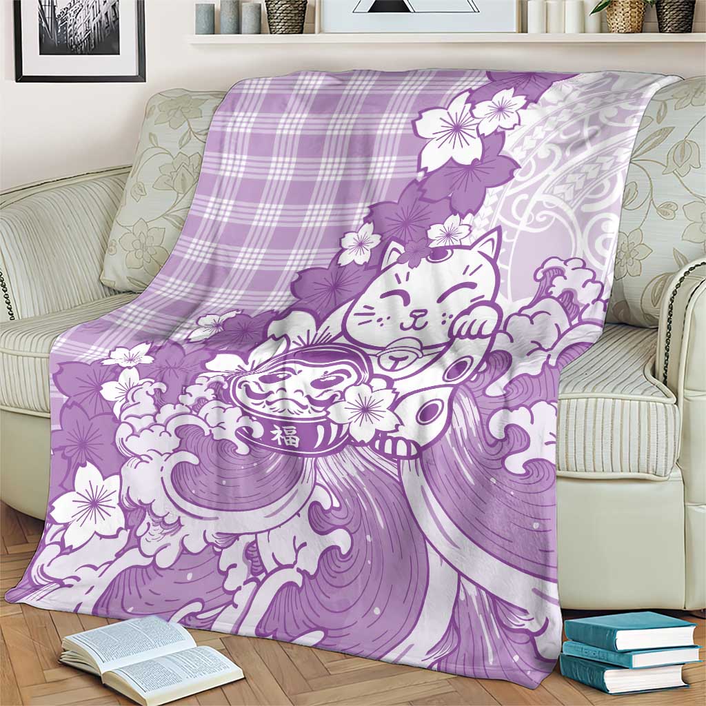 Purple Palaka Hawaiian And Japanese Blanket Maneki Neko And Sakura Bloom