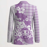 Purple Palaka Hawaiian And Japanese Blazer Maneki Neko And Sakura Bloom