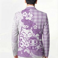 Purple Palaka Hawaiian And Japanese Blazer Maneki Neko And Sakura Bloom