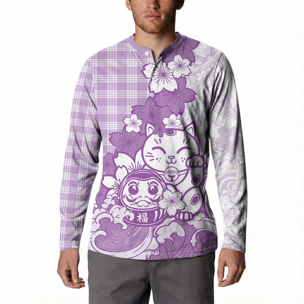 Purple Palaka Hawaiian And Japanese Button Sweatshirt Maneki Neko And Sakura Bloom