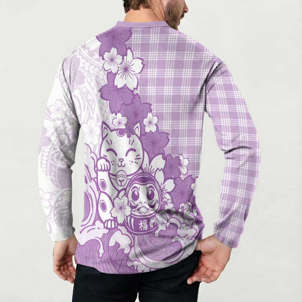 Purple Palaka Hawaiian And Japanese Button Sweatshirt Maneki Neko And Sakura Bloom