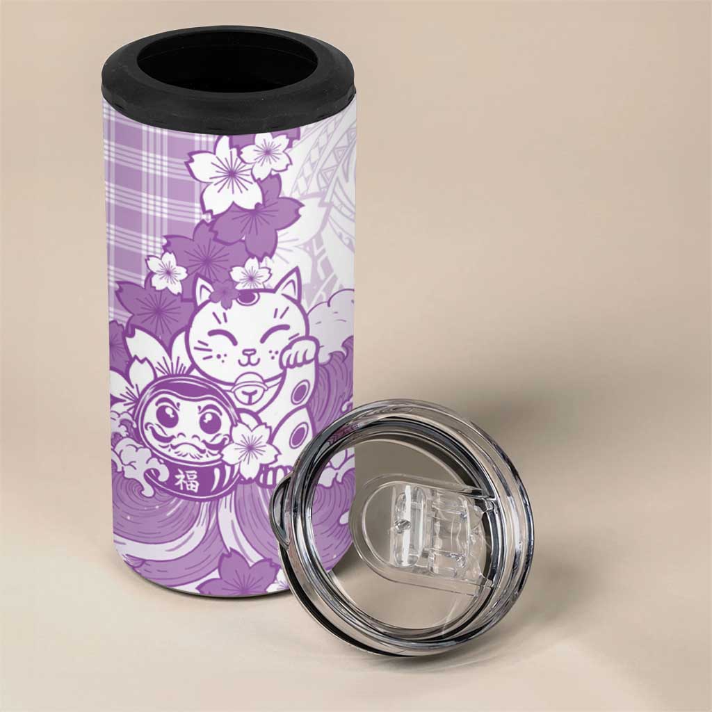 Purple Palaka Hawaiian And Japanese 4 in 1 Can Cooler Tumbler Maneki Neko And Sakura Bloom