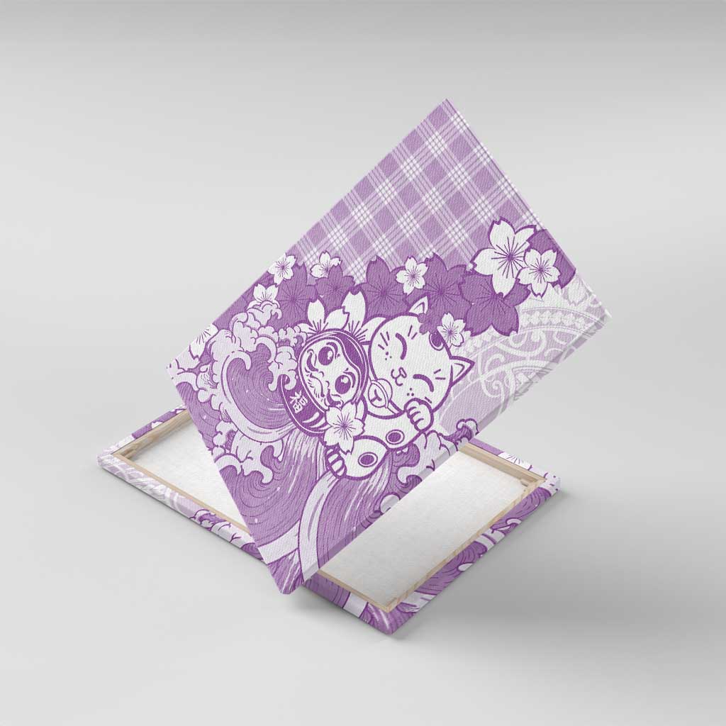 Purple Palaka Hawaiian And Japanese Canvas Wall Art Maneki Neko And Sakura Bloom