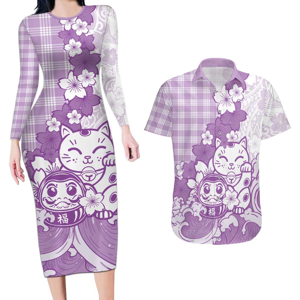 Purple Palaka Hawaiian And Japanese Couples Matching Long Sleeve Bodycon Dress and Hawaiian Shirt Maneki Neko And Sakura Bloom DT05 Purple - Polynesian Pride