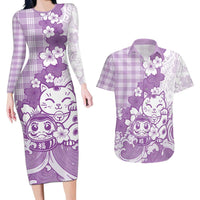 Purple Palaka Hawaiian And Japanese Couples Matching Long Sleeve Bodycon Dress and Hawaiian Shirt Maneki Neko And Sakura Bloom DT05 Purple - Polynesian Pride