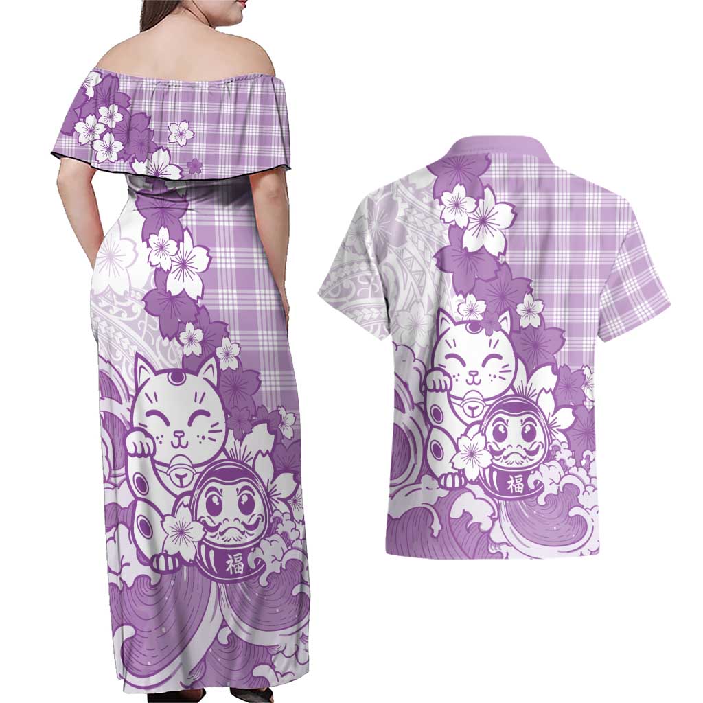 Purple Palaka Hawaiian And Japanese Couples Matching Off Shoulder Maxi Dress and Hawaiian Shirt Maneki Neko And Sakura Bloom