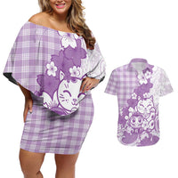 Purple Palaka Hawaiian And Japanese Couples Matching Off Shoulder Short Dress and Hawaiian Shirt Maneki Neko And Sakura Bloom