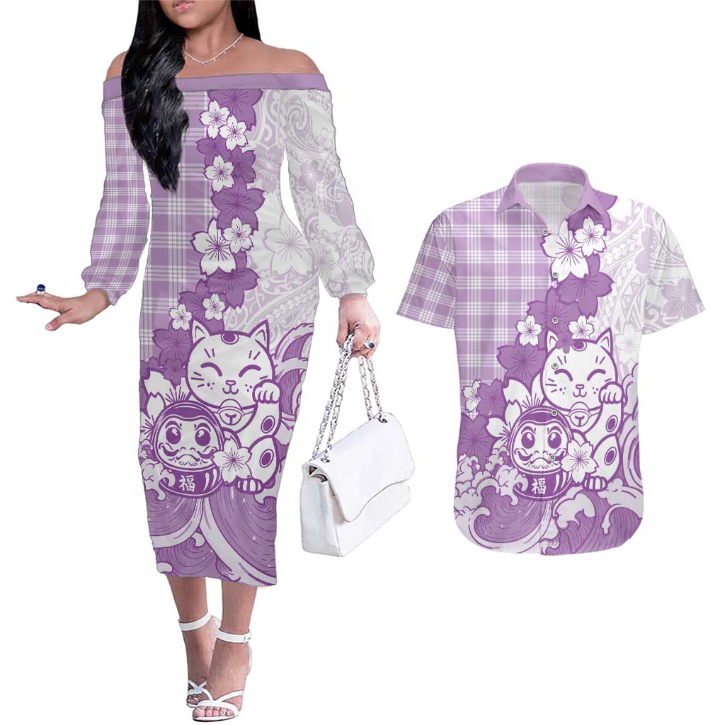 Purple Palaka Hawaiian And Japanese Couples Matching Off The Shoulder Long Sleeve Dress and Hawaiian Shirt Maneki Neko And Sakura Bloom DT05 Purple - Polynesian Pride