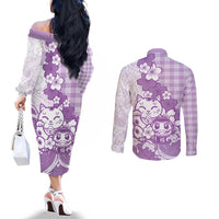 Purple Palaka Hawaiian And Japanese Couples Matching Off The Shoulder Long Sleeve Dress and Long Sleeve Button Shirt Maneki Neko And Sakura Bloom DT05 - Polynesian Pride