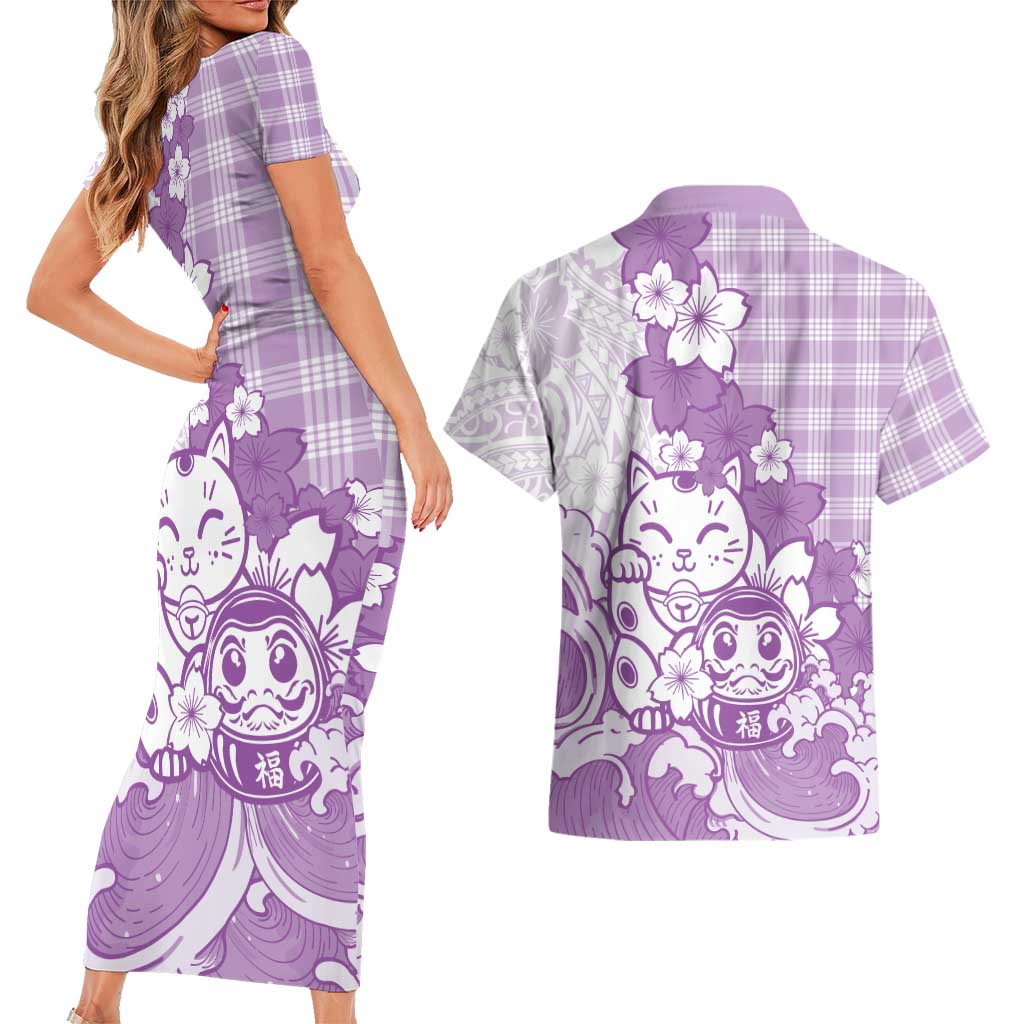 Purple Palaka Hawaiian And Japanese Couples Matching Short Sleeve Bodycon Dress and Hawaiian Shirt Maneki Neko And Sakura Bloom DT05 - Polynesian Pride