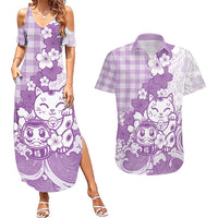 Purple Palaka Hawaiian And Japanese Couples Matching Summer Maxi Dress and Hawaiian Shirt Maneki Neko And Sakura Bloom