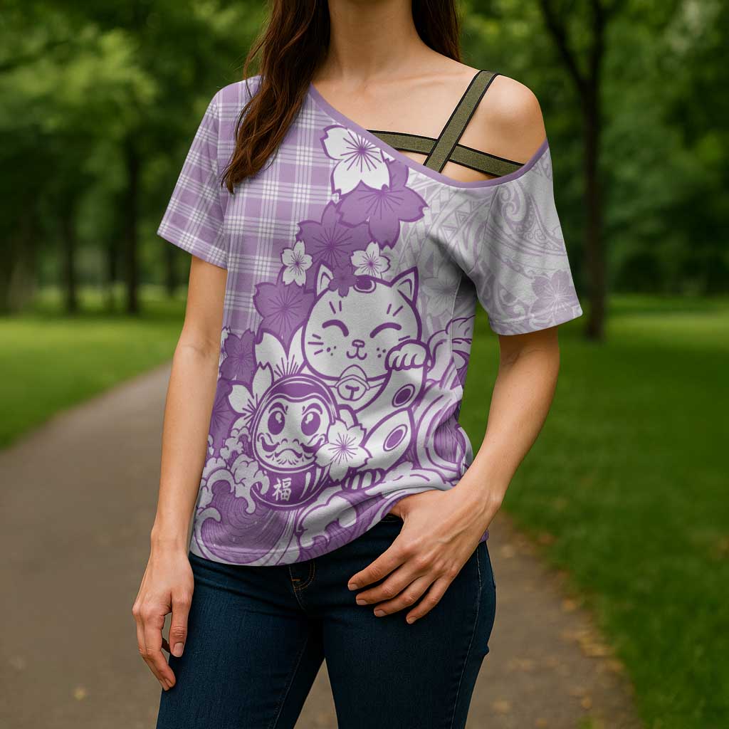 Purple Palaka Hawaiian And Japanese Cross Shoulder Shirt Maneki Neko And Sakura Bloom