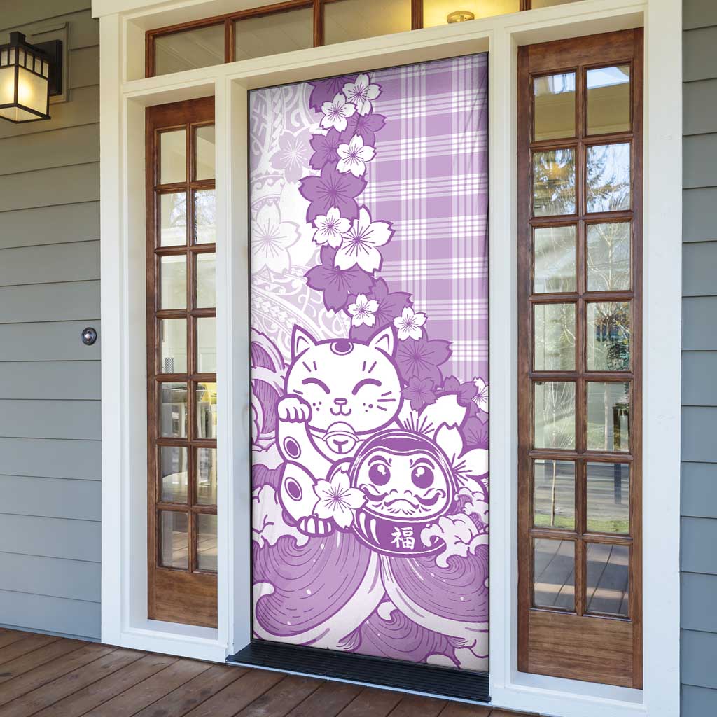 Purple Palaka Hawaiian And Japanese Door Cover Maneki Neko And Sakura Bloom