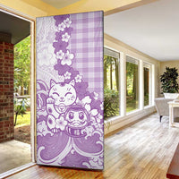 Purple Palaka Hawaiian And Japanese Door Cover Maneki Neko And Sakura Bloom