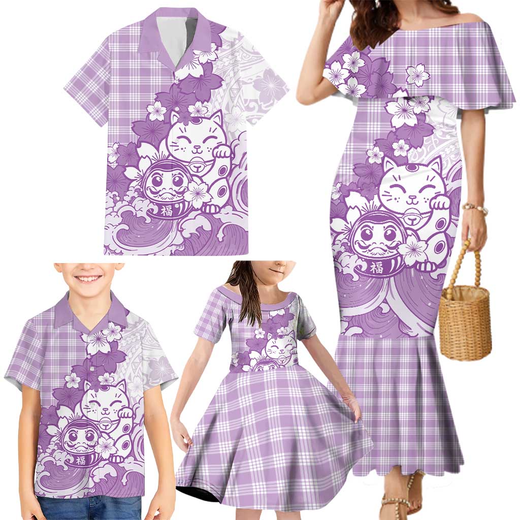 Purple Palaka Hawaiian And Japanese Family Matching Mermaid Dress and Hawaiian Shirt Maneki Neko And Sakura Bloom DT05 - Polynesian Pride