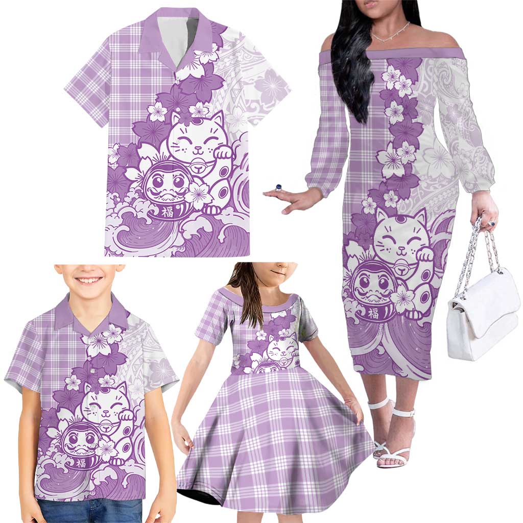 Purple Palaka Hawaiian And Japanese Family Matching Off The Shoulder Long Sleeve Dress and Hawaiian Shirt Maneki Neko And Sakura Bloom DT05 - Polynesian Pride