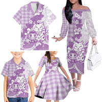 Purple Palaka Hawaiian And Japanese Family Matching Off The Shoulder Long Sleeve Dress and Hawaiian Shirt Maneki Neko And Sakura Bloom DT05 - Polynesian Pride