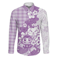Purple Palaka Hawaiian And Japanese Family Matching Off Shoulder Maxi Dress and Hawaiian Shirt Maneki Neko And Sakura Bloom DT05 Dad's Shirt - Long Sleeve Purple - Polynesian Pride