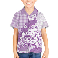 Purple Palaka Hawaiian And Japanese Family Matching Off Shoulder Maxi Dress and Hawaiian Shirt Maneki Neko And Sakura Bloom DT05 Son's Shirt Purple - Polynesian Pride