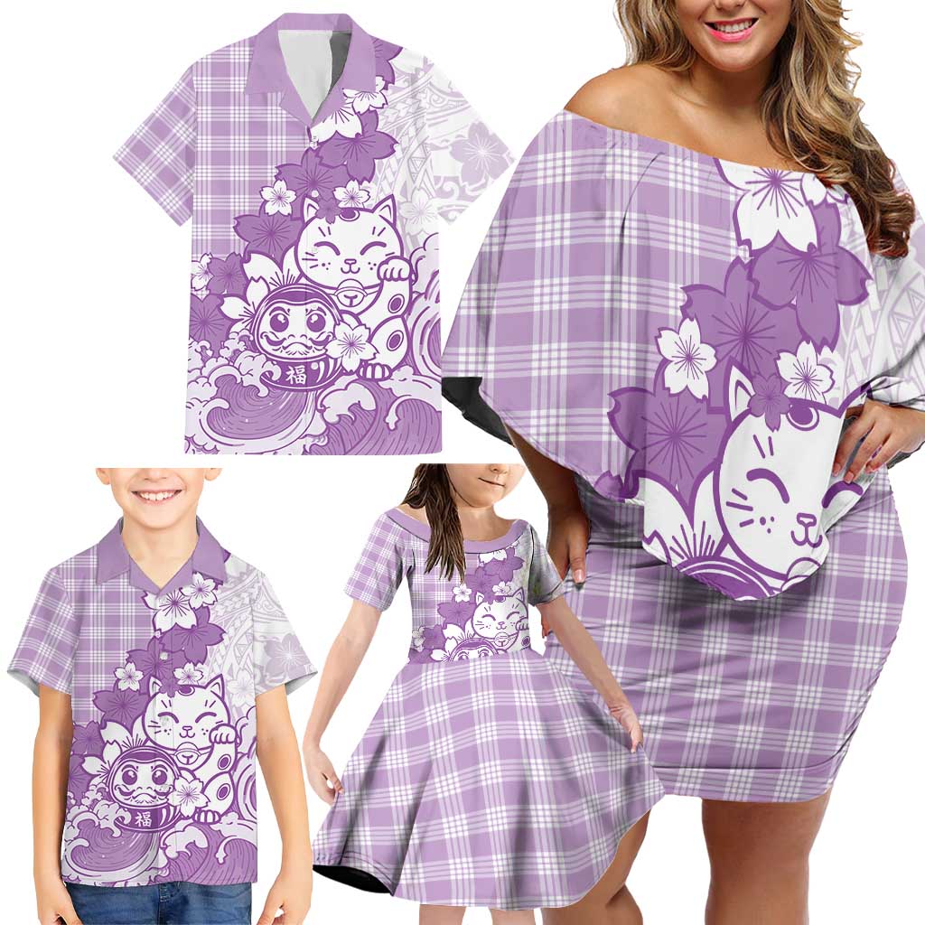Purple Palaka Hawaiian And Japanese Family Matching Off Shoulder Short Dress and Hawaiian Shirt Maneki Neko And Sakura Bloom