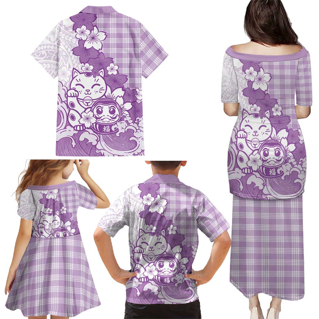 Purple Palaka Hawaiian And Japanese Family Matching Puletasi and Hawaiian Shirt Maneki Neko And Sakura Bloom DT05 - Polynesian Pride