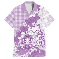 Purple Palaka Hawaiian And Japanese Family Matching Short Sleeve Bodycon Dress and Hawaiian Shirt Maneki Neko And Sakura Bloom DT05 Dad's Shirt - Short Sleeve Purple - Polynesian Pride