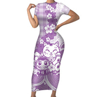 Purple Palaka Hawaiian And Japanese Family Matching Short Sleeve Bodycon Dress and Hawaiian Shirt Maneki Neko And Sakura Bloom DT05 Mom's Dress Purple - Polynesian Pride